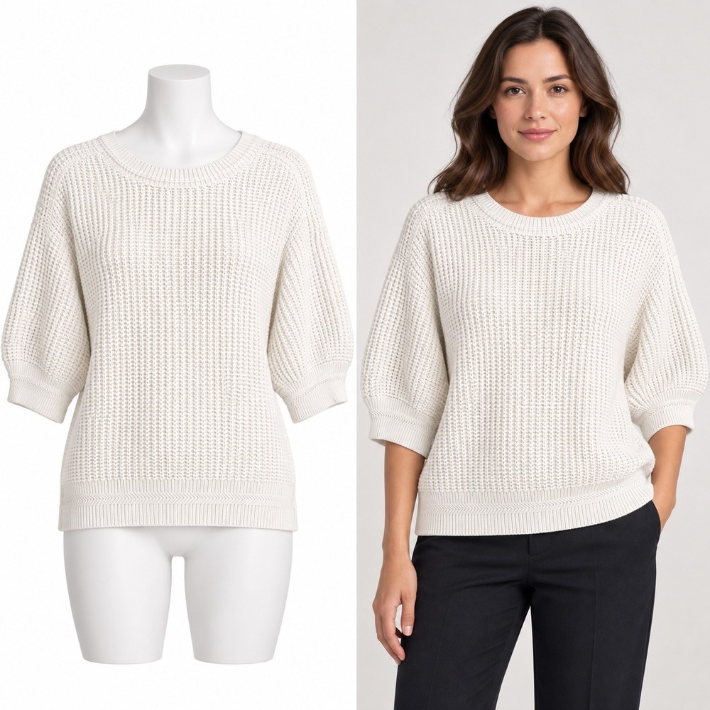 Ann Taylor Sweater Women XL Ivory Cotton Textured Knit Puff Sleeve Quiet Luxury